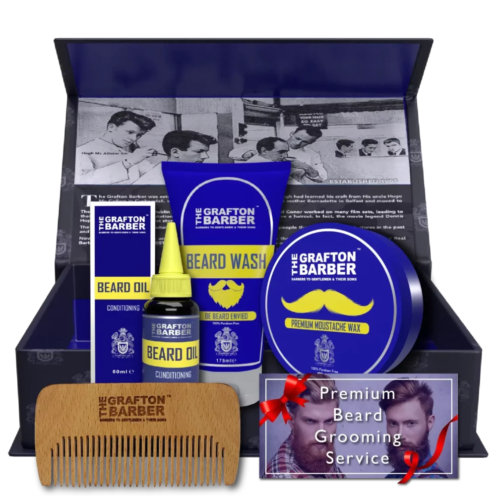 The Ultimate Beard Package by the Grafton Barber includes Conditioning Beard Oil, Premium Beard Wash, Moustache Wax, a Hand Made Wooden Beard Comb and a voucher for premium Beard Trim in one of our barbershops - all packaged inside our limited edition signature black magnetic closure gift box.