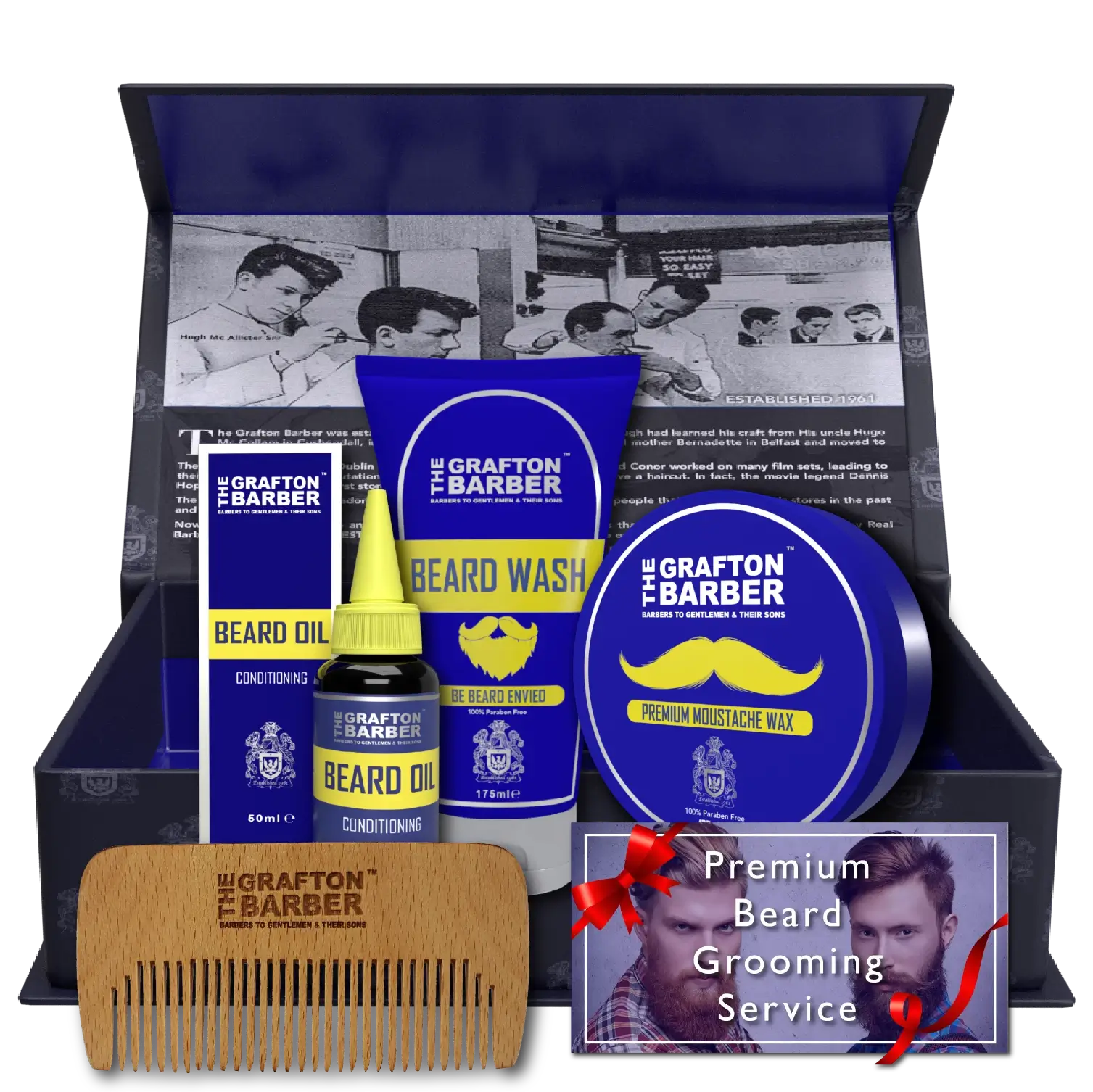 The Ultimate Beard Package by the Grafton Barber includes Conditioning Beard Oil, Premium Beard Wash, Moustache Wax, a Hand Made Wooden Beard Comb and a voucher for premium Beard Trim in one of our barbershops - all packaged inside our limited edition signature black magnetic closure gift box.